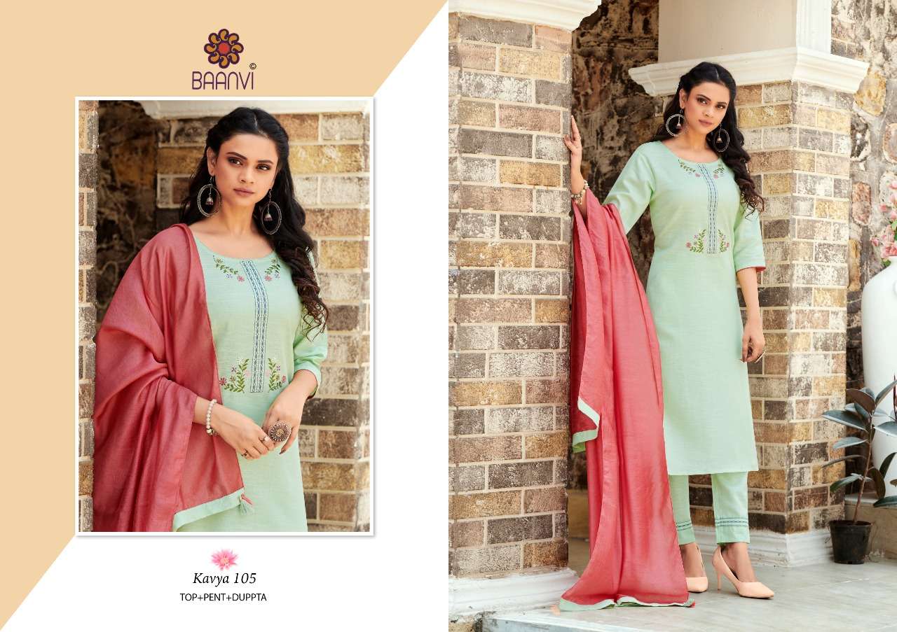 KAVYA BY BAANVI 101 TO 106 SERIES BEAUTIFUL SUITS COLORFUL STYLISH FANCY CASUAL WEAR & ETHNIC WEAR HEAVY COTTON EMBROIDERED DRESSES AT WHOLESALE PRICE