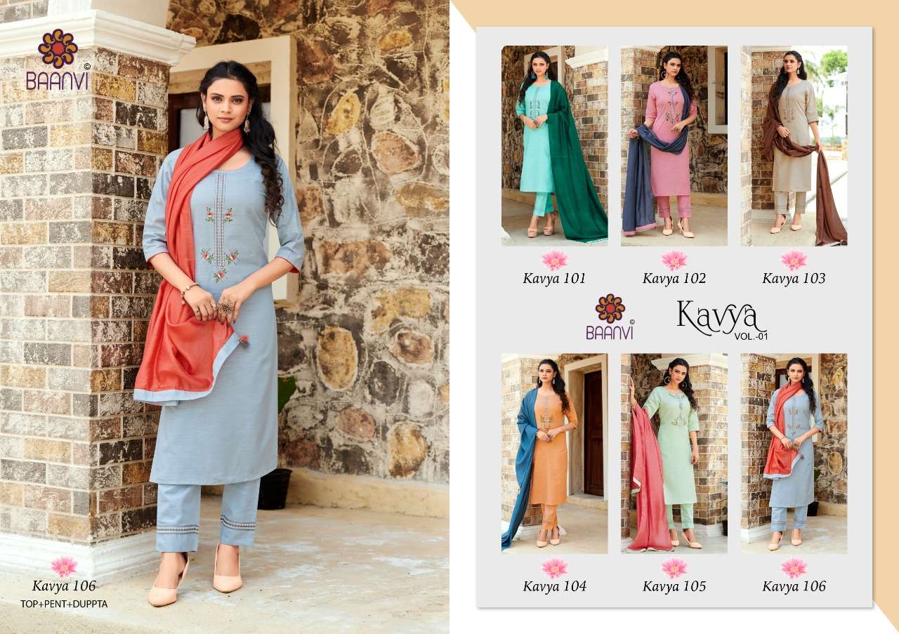 KAVYA BY BAANVI 101 TO 106 SERIES BEAUTIFUL SUITS COLORFUL STYLISH FANCY CASUAL WEAR & ETHNIC WEAR HEAVY COTTON EMBROIDERED DRESSES AT WHOLESALE PRICE