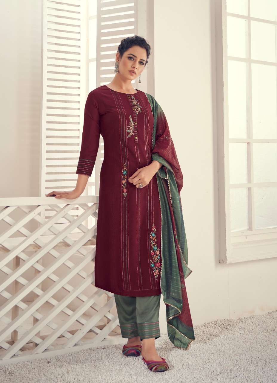 ARYA BY VASTRIKAA 177 TO 182 SERIES BEAUTIFUL SUITS COLORFUL STYLISH FANCY CASUAL WEAR & ETHNIC WEAR HINNON DOBBY EMBROIDERED DRESSES AT WHOLESALE PRICE