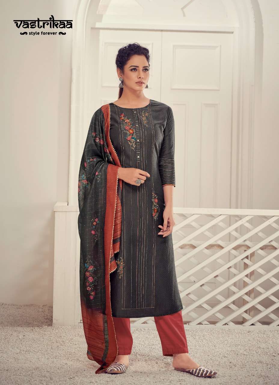 ARYA BY VASTRIKAA 177 TO 182 SERIES BEAUTIFUL SUITS COLORFUL STYLISH FANCY CASUAL WEAR & ETHNIC WEAR HINNON DOBBY EMBROIDERED DRESSES AT WHOLESALE PRICE