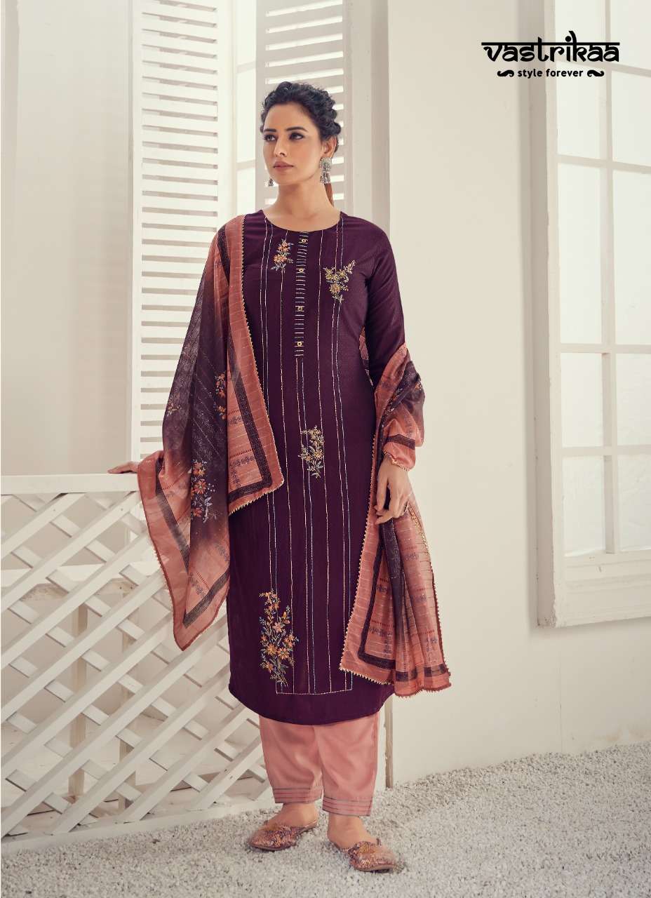 ARYA BY VASTRIKAA 177 TO 182 SERIES BEAUTIFUL SUITS COLORFUL STYLISH FANCY CASUAL WEAR & ETHNIC WEAR HINNON DOBBY EMBROIDERED DRESSES AT WHOLESALE PRICE