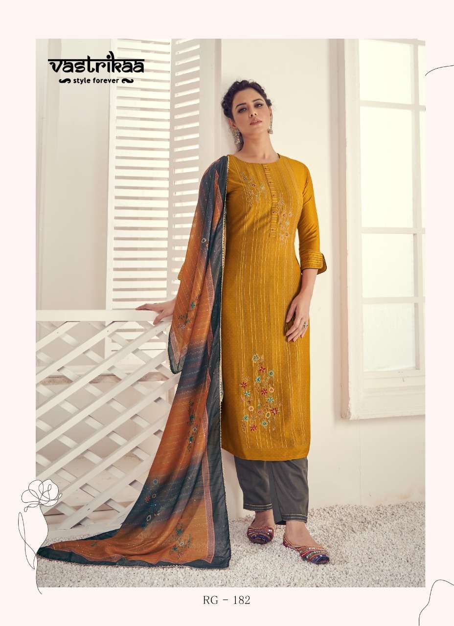 ARYA BY VASTRIKAA 177 TO 182 SERIES BEAUTIFUL SUITS COLORFUL STYLISH FANCY CASUAL WEAR & ETHNIC WEAR HINNON DOBBY EMBROIDERED DRESSES AT WHOLESALE PRICE