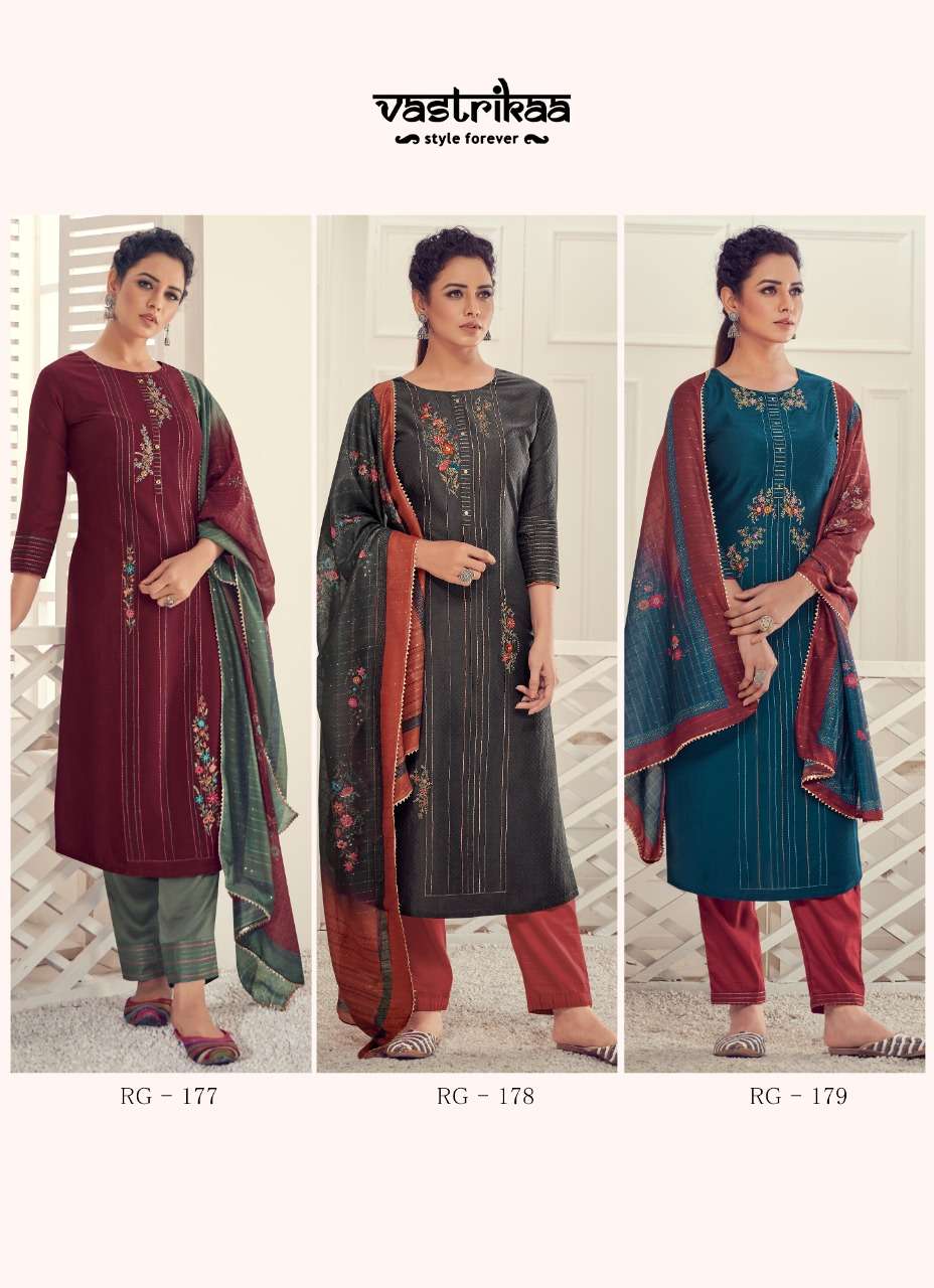 ARYA BY VASTRIKAA 177 TO 182 SERIES BEAUTIFUL SUITS COLORFUL STYLISH FANCY CASUAL WEAR & ETHNIC WEAR HINNON DOBBY EMBROIDERED DRESSES AT WHOLESALE PRICE