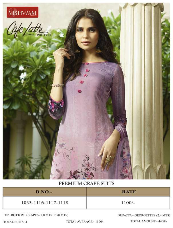 CAFE LATTE VOL-13 NX BY VISHWAM FABRICS INDIAN TRADITIONAL WEAR COLLECTION BEAUTIFUL STYLISH FANCY COLORFUL PARTY WEAR & OCCASIONAL WEAR HEAVY CREPE PRINT DRESSES AT WHOLESALE PRICE