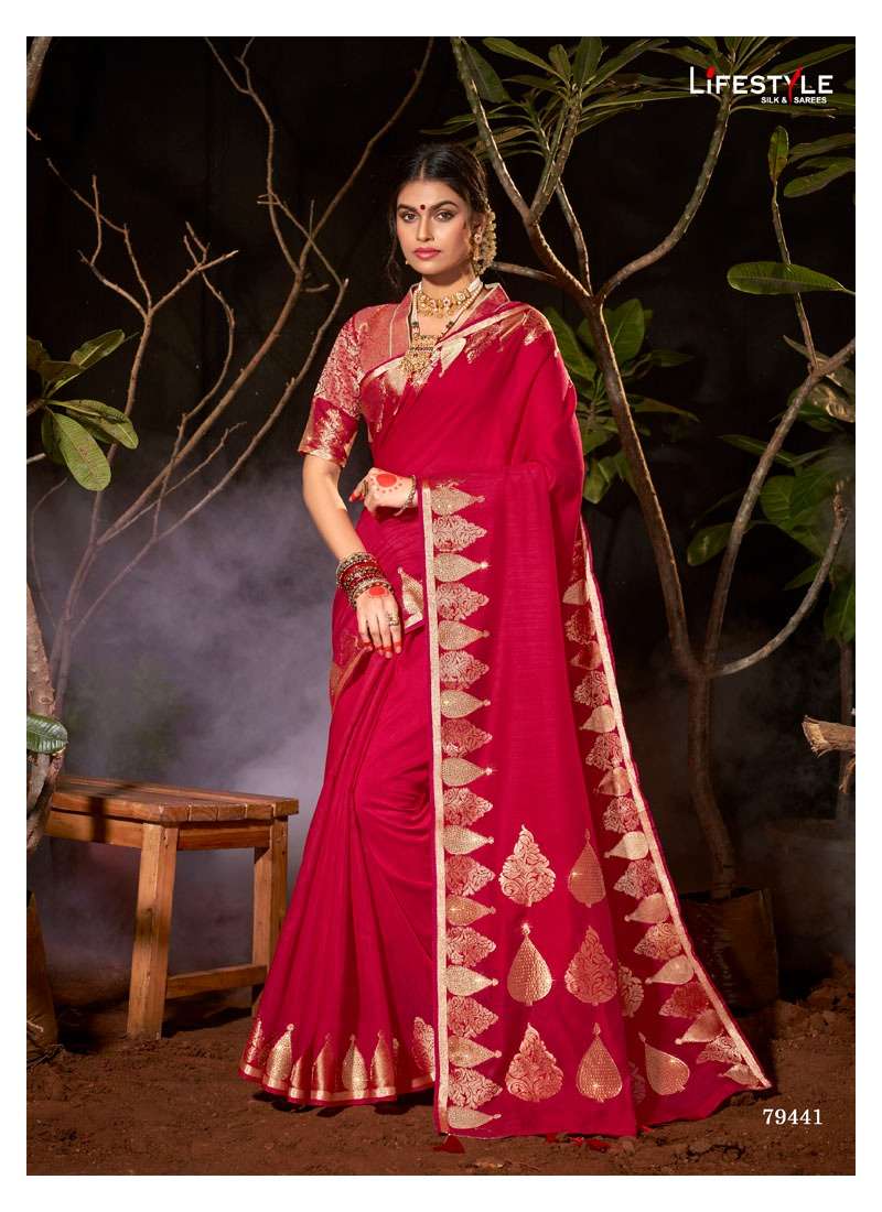 VINTAGE SILK BY LIFESTYLE 79441 TO 79446 SERIES INDIAN TRADITIONAL WEAR COLLECTION BEAUTIFUL STYLISH FANCY COLORFUL PARTY WEAR & OCCASIONAL WEAR CHANDERI SILK SAREES AT WHOLESALE PRICE