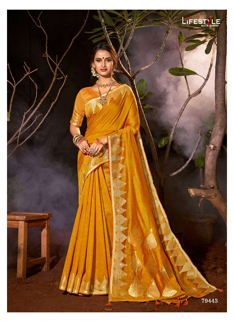 VINTAGE SILK BY LIFESTYLE 79441 TO 79446 SERIES INDIAN TRADITIONAL WEAR COLLECTION BEAUTIFUL STYLISH FANCY COLORFUL PARTY WEAR & OCCASIONAL WEAR CHANDERI SILK SAREES AT WHOLESALE PRICE