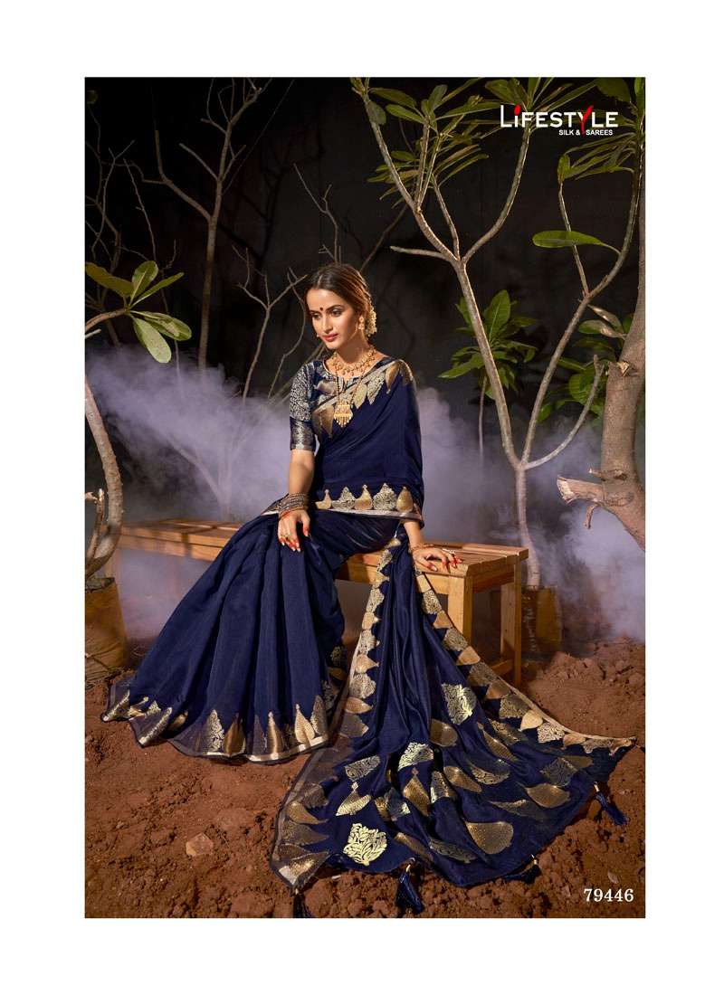 VINTAGE SILK BY LIFESTYLE 79441 TO 79446 SERIES INDIAN TRADITIONAL WEAR COLLECTION BEAUTIFUL STYLISH FANCY COLORFUL PARTY WEAR & OCCASIONAL WEAR CHANDERI SILK SAREES AT WHOLESALE PRICE