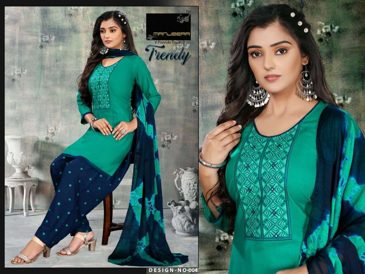 TRENDY BY MANJEERA 001 TO 008 SERIES BEAUTIFUL PATIYALA SUITS COLORFUL STYLISH FANCY CASUAL WEAR & ETHNIC WEAR RAYON WITH WORK DRESSES AT WHOLESALE PRICE
