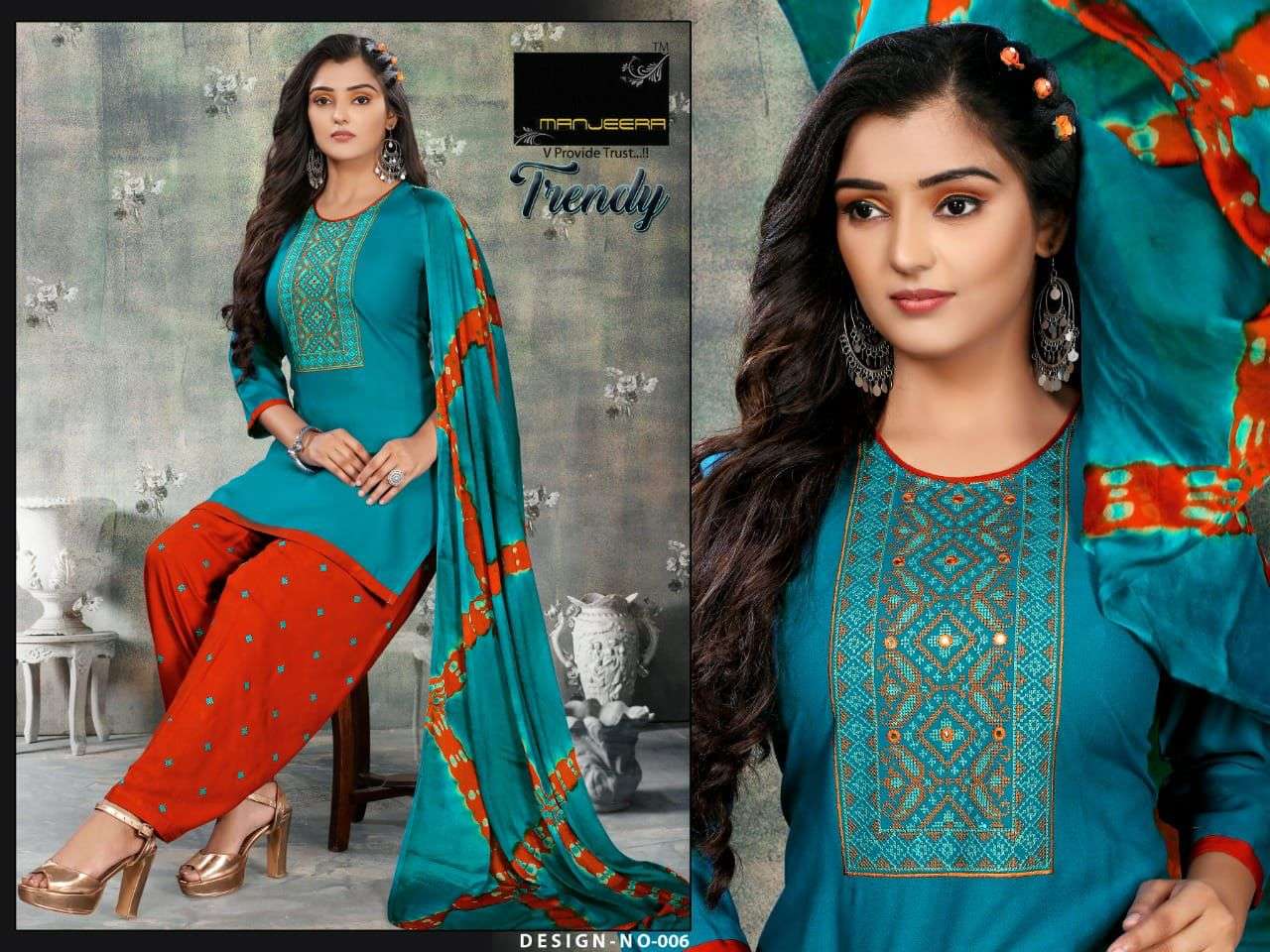 TRENDY BY MANJEERA 001 TO 008 SERIES BEAUTIFUL PATIYALA SUITS COLORFUL STYLISH FANCY CASUAL WEAR & ETHNIC WEAR RAYON WITH WORK DRESSES AT WHOLESALE PRICE