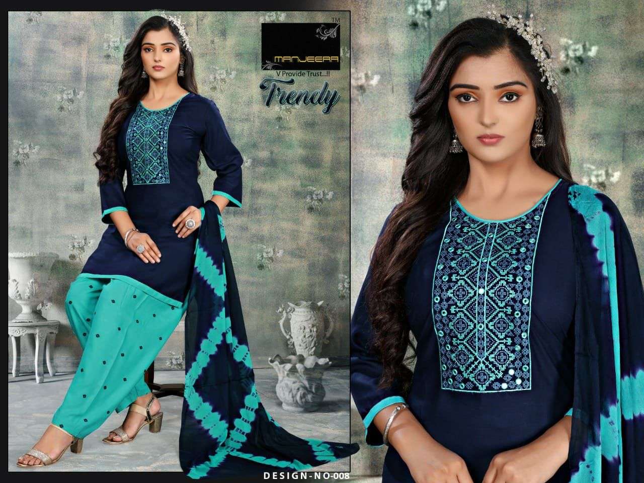 TRENDY BY MANJEERA 001 TO 008 SERIES BEAUTIFUL PATIYALA SUITS COLORFUL STYLISH FANCY CASUAL WEAR & ETHNIC WEAR RAYON WITH WORK DRESSES AT WHOLESALE PRICE