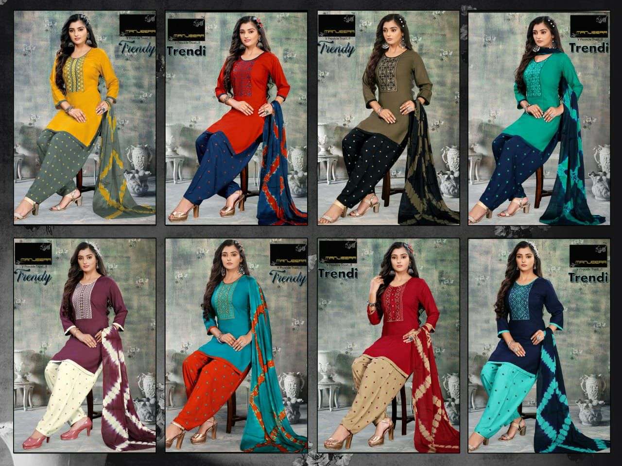 TRENDY BY MANJEERA 001 TO 008 SERIES BEAUTIFUL PATIYALA SUITS COLORFUL STYLISH FANCY CASUAL WEAR & ETHNIC WEAR RAYON WITH WORK DRESSES AT WHOLESALE PRICE