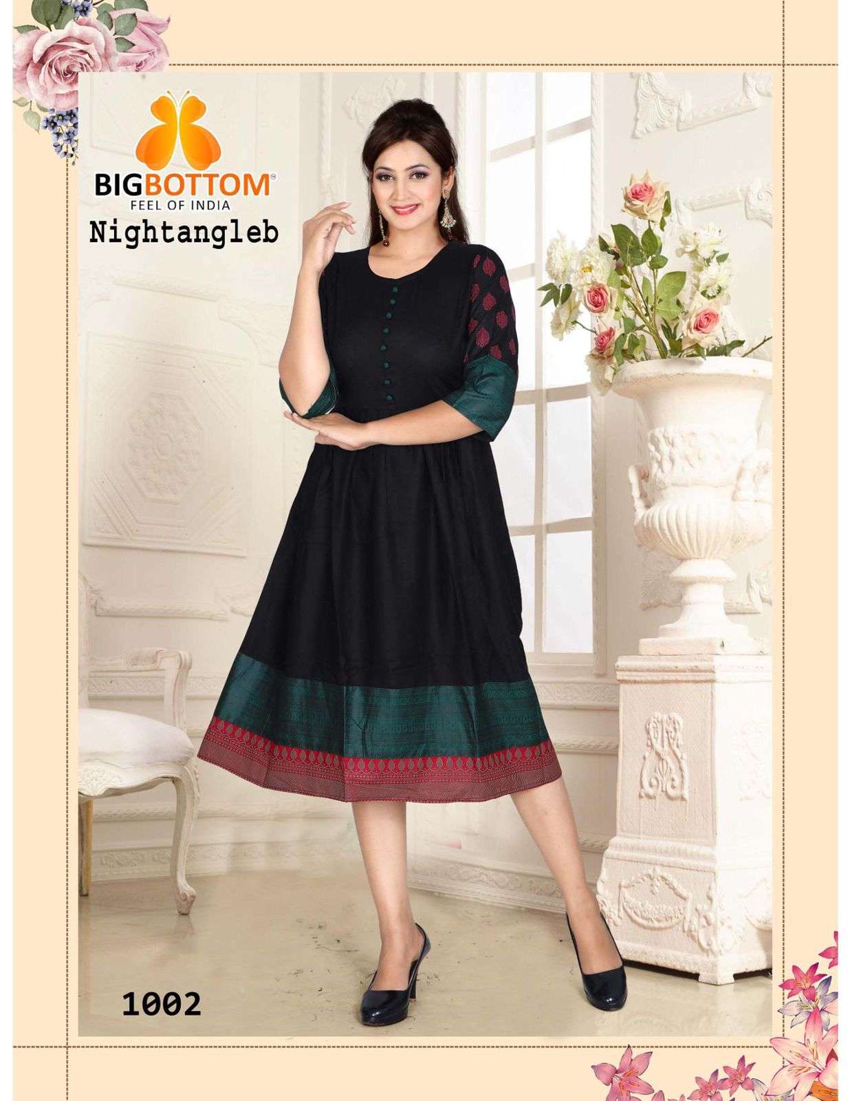 NIGHTANGLE BY BIG BOTTOM 1001 TO 1006 SERIES DESIGNER STYLISH FANCY COLORFUL BEAUTIFUL PARTY WEAR & ETHNIC WEAR COLLECTION RAYON FOIL PRINT KURTIS AT WHOLESALE PRICE