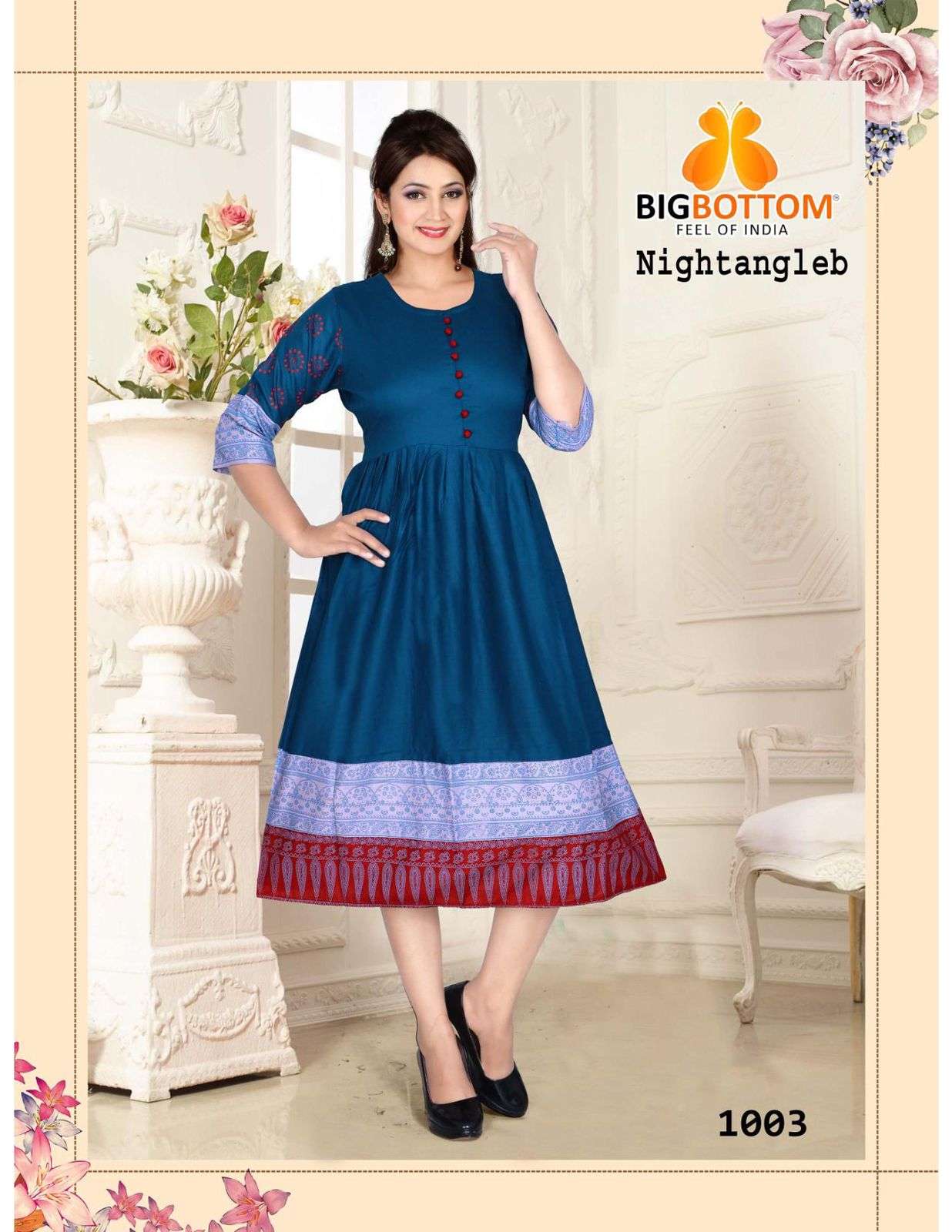 NIGHTANGLE BY BIG BOTTOM 1001 TO 1006 SERIES DESIGNER STYLISH FANCY COLORFUL BEAUTIFUL PARTY WEAR & ETHNIC WEAR COLLECTION RAYON FOIL PRINT KURTIS AT WHOLESALE PRICE