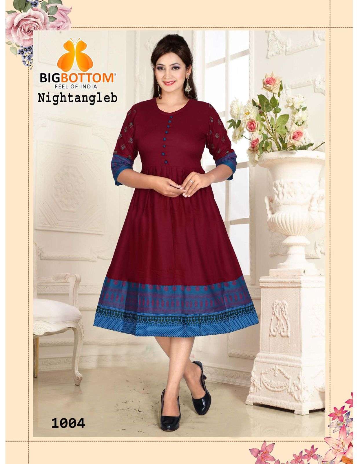 NIGHTANGLE BY BIG BOTTOM 1001 TO 1006 SERIES DESIGNER STYLISH FANCY COLORFUL BEAUTIFUL PARTY WEAR & ETHNIC WEAR COLLECTION RAYON FOIL PRINT KURTIS AT WHOLESALE PRICE