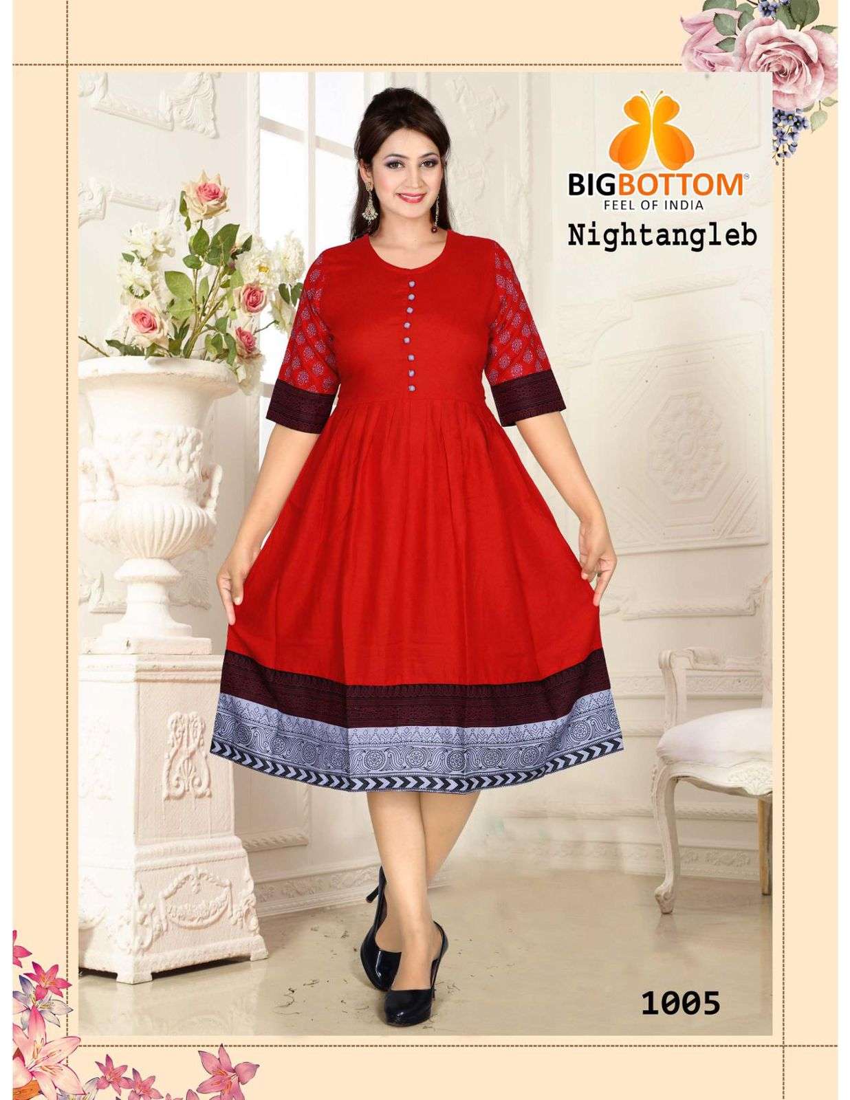 NIGHTANGLE BY BIG BOTTOM 1001 TO 1006 SERIES DESIGNER STYLISH FANCY COLORFUL BEAUTIFUL PARTY WEAR & ETHNIC WEAR COLLECTION RAYON FOIL PRINT KURTIS AT WHOLESALE PRICE