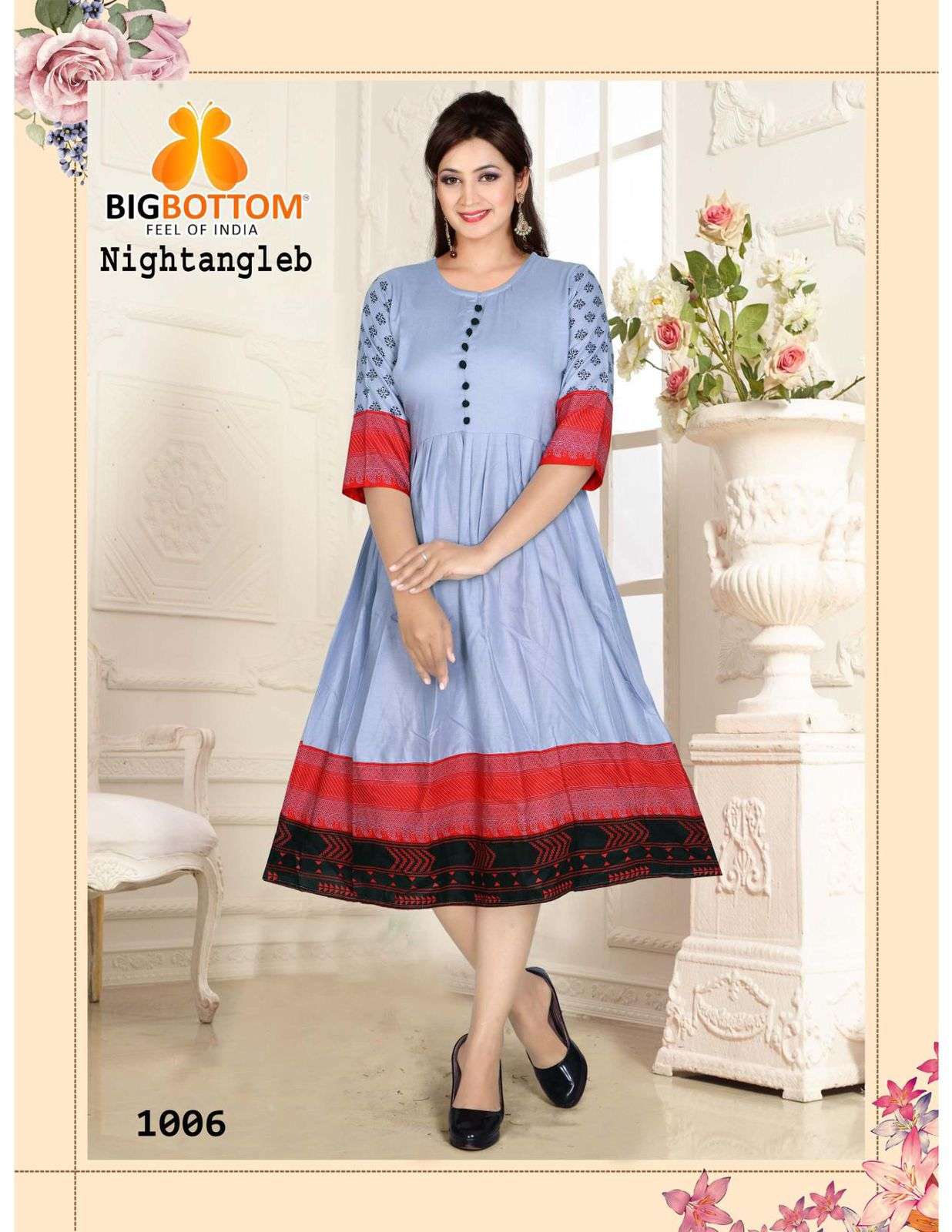 NIGHTANGLE BY BIG BOTTOM 1001 TO 1006 SERIES DESIGNER STYLISH FANCY COLORFUL BEAUTIFUL PARTY WEAR & ETHNIC WEAR COLLECTION RAYON FOIL PRINT KURTIS AT WHOLESALE PRICE