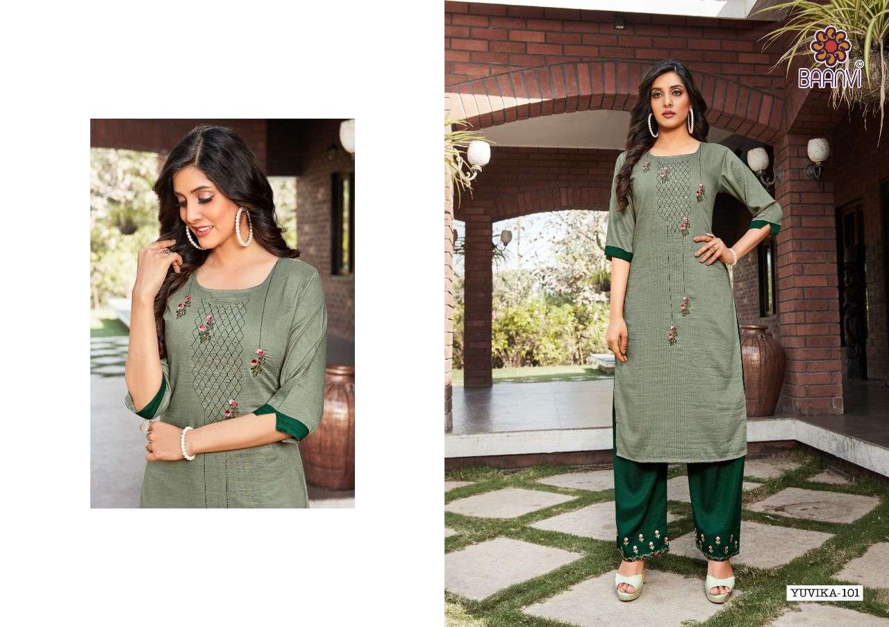YUVIKA BY BAANVI 101 TO 108 SERIES DESIGNER STYLISH FANCY COLORFUL BEAUTIFUL PARTY WEAR & ETHNIC WEAR COLLECTION CHINNON SILK WITH WORK KURTIS WITH BOTTOM AT WHOLESALE PRICE