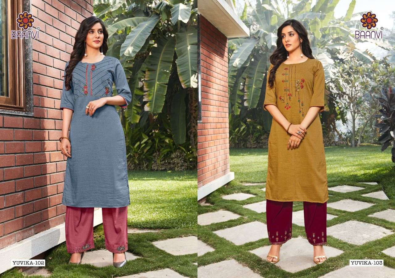 YUVIKA BY BAANVI 101 TO 108 SERIES DESIGNER STYLISH FANCY COLORFUL BEAUTIFUL PARTY WEAR & ETHNIC WEAR COLLECTION CHINNON SILK WITH WORK KURTIS WITH BOTTOM AT WHOLESALE PRICE