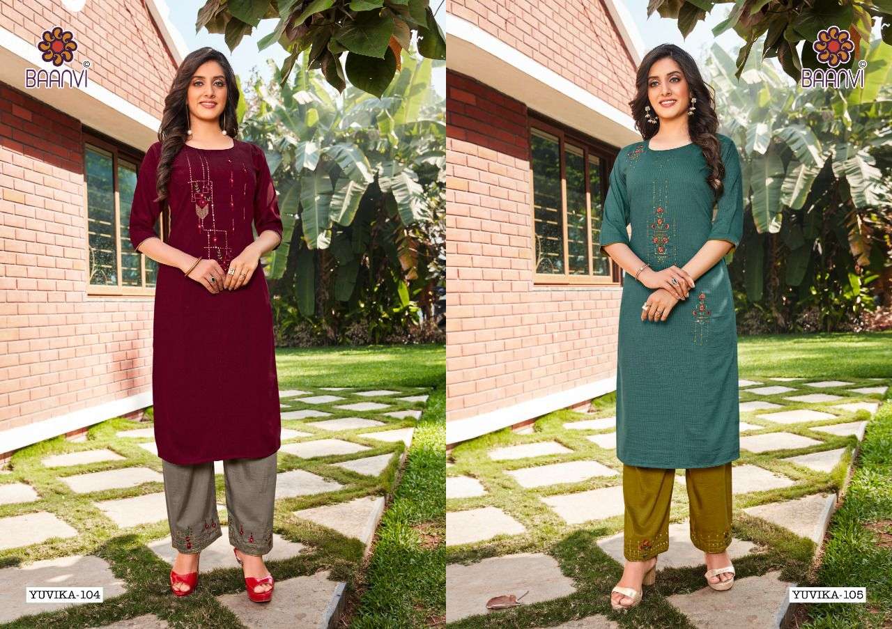 YUVIKA BY BAANVI 101 TO 108 SERIES DESIGNER STYLISH FANCY COLORFUL BEAUTIFUL PARTY WEAR & ETHNIC WEAR COLLECTION CHINNON SILK WITH WORK KURTIS WITH BOTTOM AT WHOLESALE PRICE