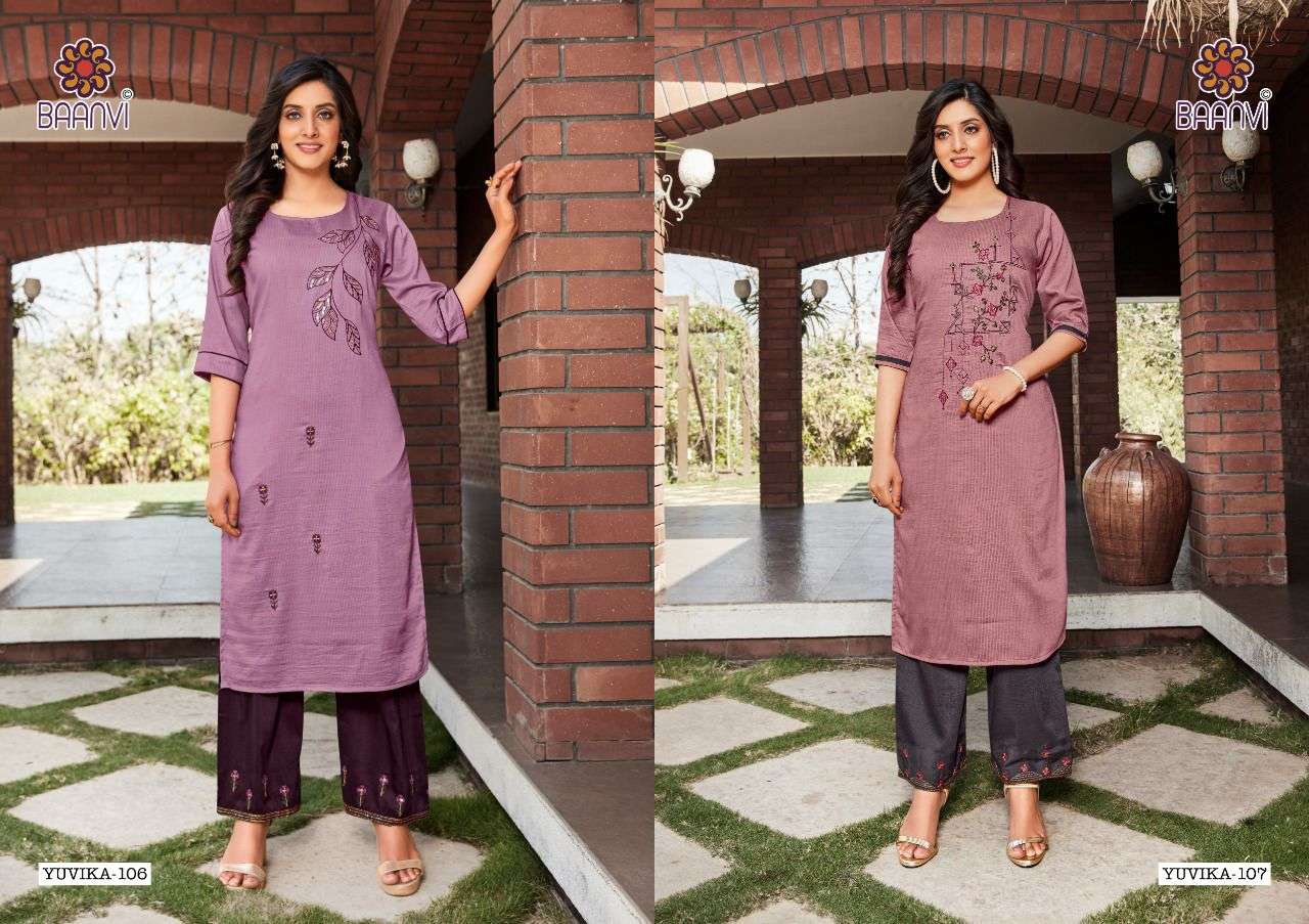 YUVIKA BY BAANVI 101 TO 108 SERIES DESIGNER STYLISH FANCY COLORFUL BEAUTIFUL PARTY WEAR & ETHNIC WEAR COLLECTION CHINNON SILK WITH WORK KURTIS WITH BOTTOM AT WHOLESALE PRICE