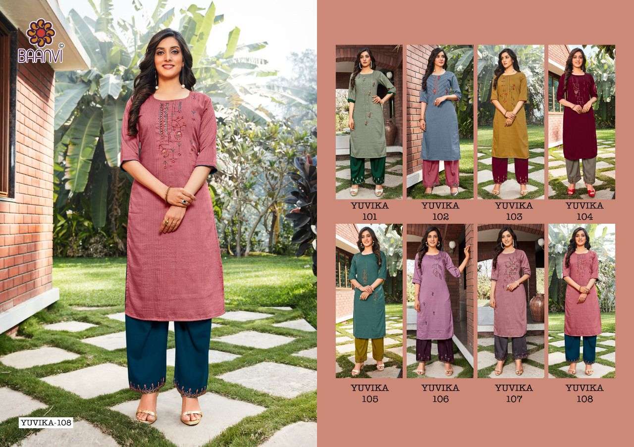 YUVIKA BY BAANVI 101 TO 108 SERIES DESIGNER STYLISH FANCY COLORFUL BEAUTIFUL PARTY WEAR & ETHNIC WEAR COLLECTION CHINNON SILK WITH WORK KURTIS WITH BOTTOM AT WHOLESALE PRICE