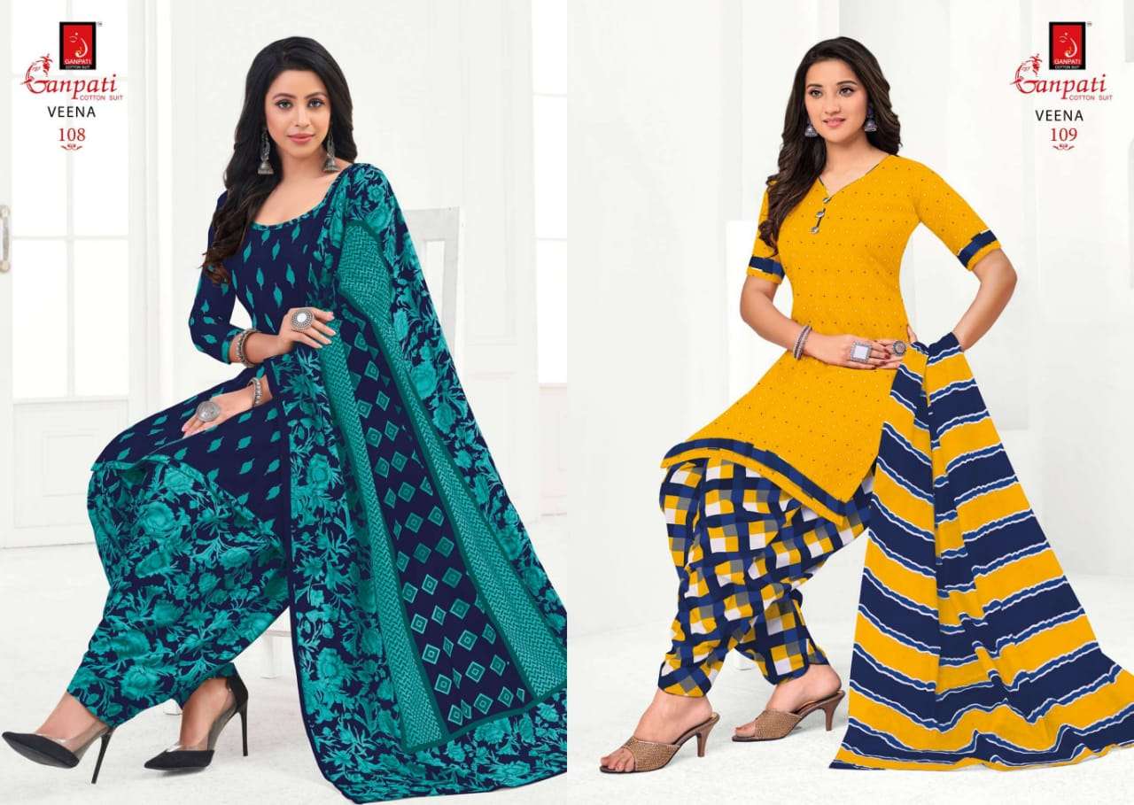 VEENA BY GANPATI COTTON SUIT 108 TO 122 SERIES BEAUTIFUL STYLISH SUITS FANCY COLORFUL CASUAL WEAR & ETHNIC WEAR & READY TO WEAR PURE COTTON DRESSES AT WHOLESALE PRICE