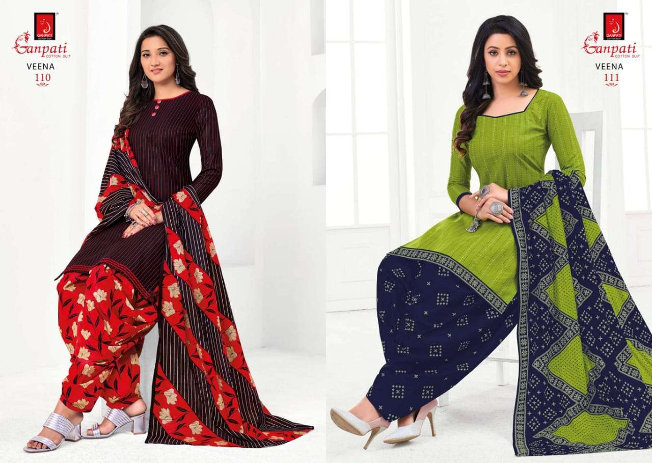 VEENA BY GANPATI COTTON SUIT 108 TO 122 SERIES BEAUTIFUL STYLISH SUITS FANCY COLORFUL CASUAL WEAR & ETHNIC WEAR & READY TO WEAR PURE COTTON DRESSES AT WHOLESALE PRICE