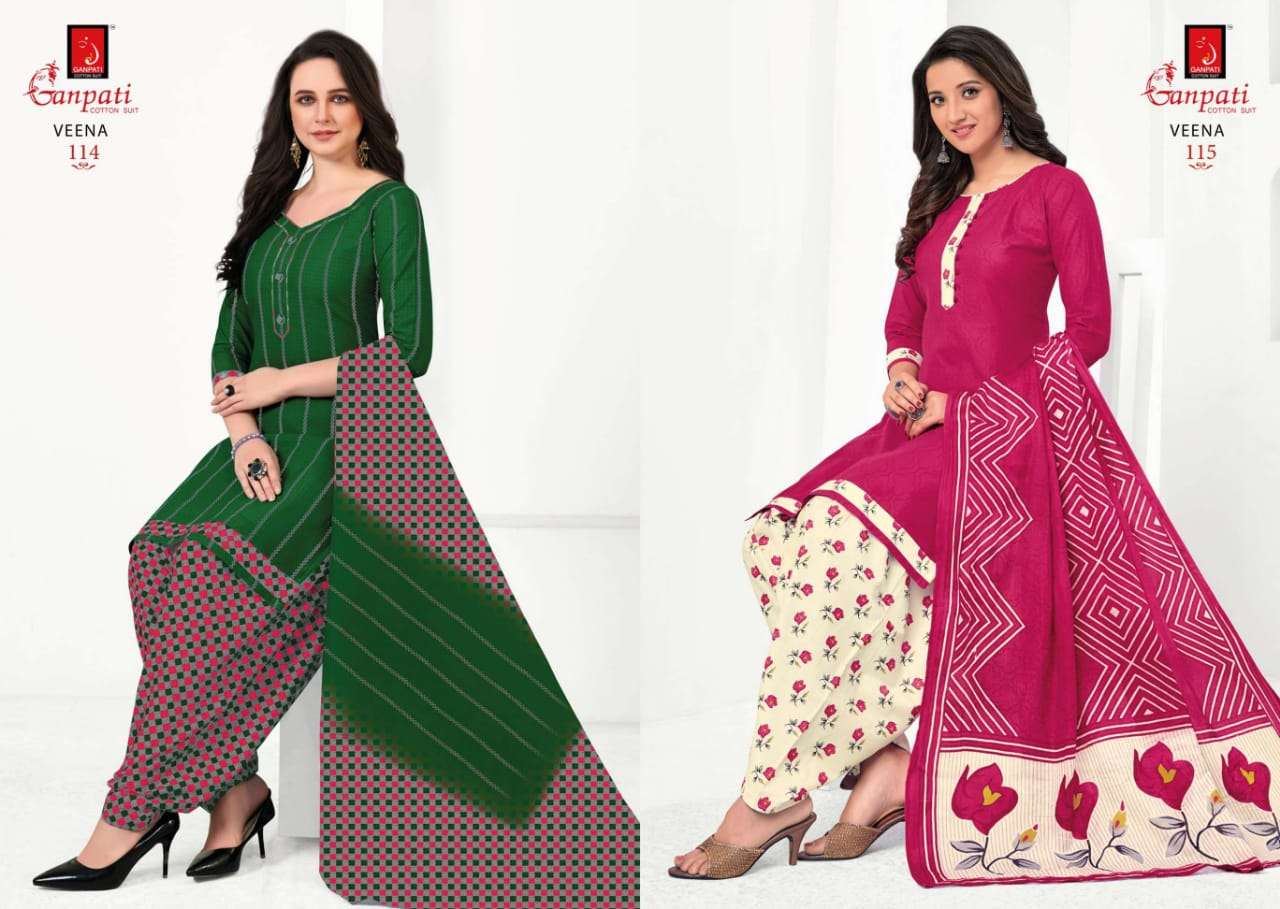 VEENA BY GANPATI COTTON SUIT 108 TO 122 SERIES BEAUTIFUL STYLISH SUITS FANCY COLORFUL CASUAL WEAR & ETHNIC WEAR & READY TO WEAR PURE COTTON DRESSES AT WHOLESALE PRICE