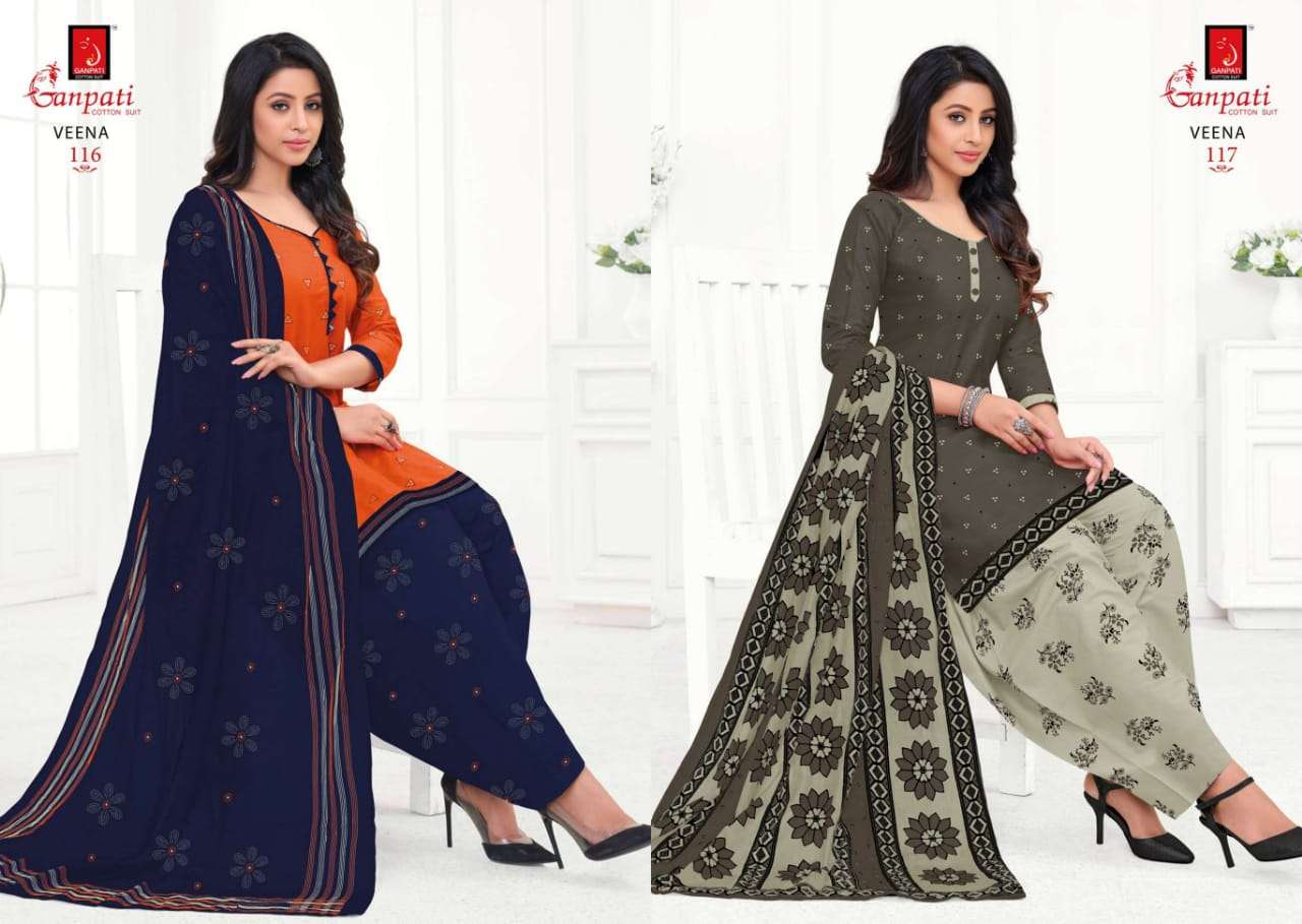 VEENA BY GANPATI COTTON SUIT 108 TO 122 SERIES BEAUTIFUL STYLISH SUITS FANCY COLORFUL CASUAL WEAR & ETHNIC WEAR & READY TO WEAR PURE COTTON DRESSES AT WHOLESALE PRICE