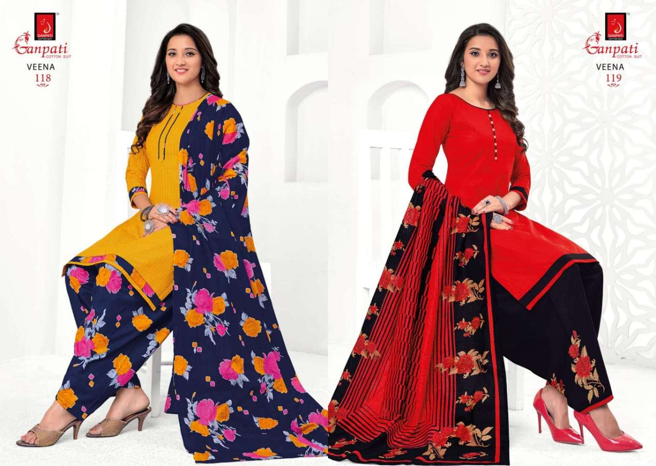 VEENA BY GANPATI COTTON SUIT 108 TO 122 SERIES BEAUTIFUL STYLISH SUITS FANCY COLORFUL CASUAL WEAR & ETHNIC WEAR & READY TO WEAR PURE COTTON DRESSES AT WHOLESALE PRICE