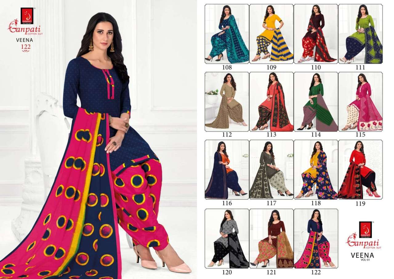 VEENA BY GANPATI COTTON SUIT 108 TO 122 SERIES BEAUTIFUL STYLISH SUITS FANCY COLORFUL CASUAL WEAR & ETHNIC WEAR & READY TO WEAR PURE COTTON DRESSES AT WHOLESALE PRICE