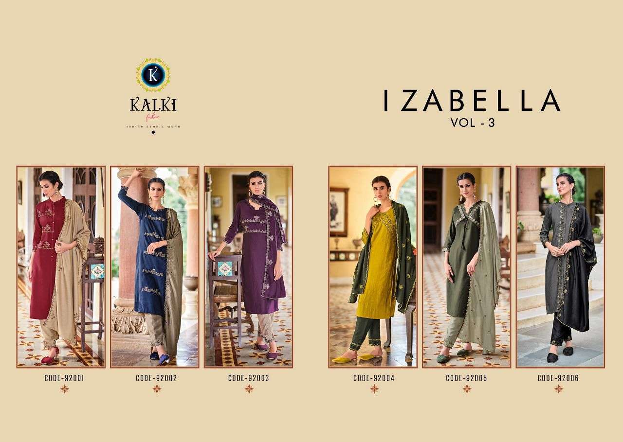 IZABELLA VOL-3 BY KALKI FASHION 91001 TO 92006 SERIES BEAUTIFUL SUITS STYLISH FANCY COLORFUL CASUAL WEAR & ETHNIC WEAR PURE VISCOSE SILK WITH EMBROIDERY DRESSES AT WHOLESALE PRICE