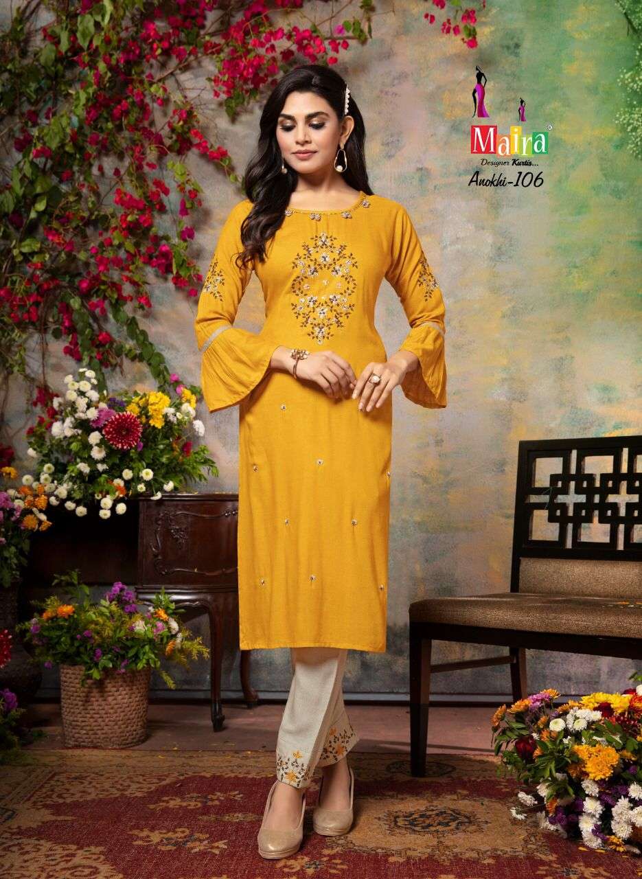 ANOKHI BY MAIRA 101 TO 108 SERIES DESIGNER STYLISH FANCY COLORFUL BEAUTIFUL PARTY WEAR & ETHNIC WEAR COLLECTION HEAVY RAYON SLUB KURTIS WITH BOTTOM AT WHOLESALE PRICE