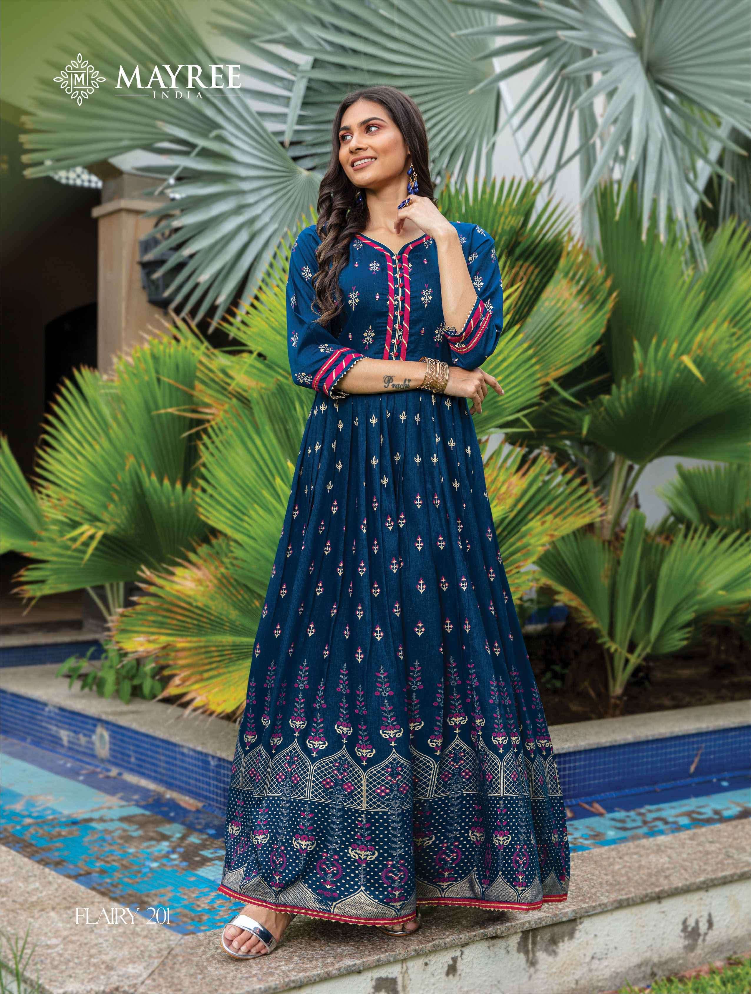 FLAIRY VOL-2 BY MAYREE 201 TO 206 SERIES BEAUTIFUL STYLISH FANCY COLORFUL CASUAL WEAR & ETHNIC WEAR HEAVY SILK PRINT GOWNS AT WHOLESALE PRICE