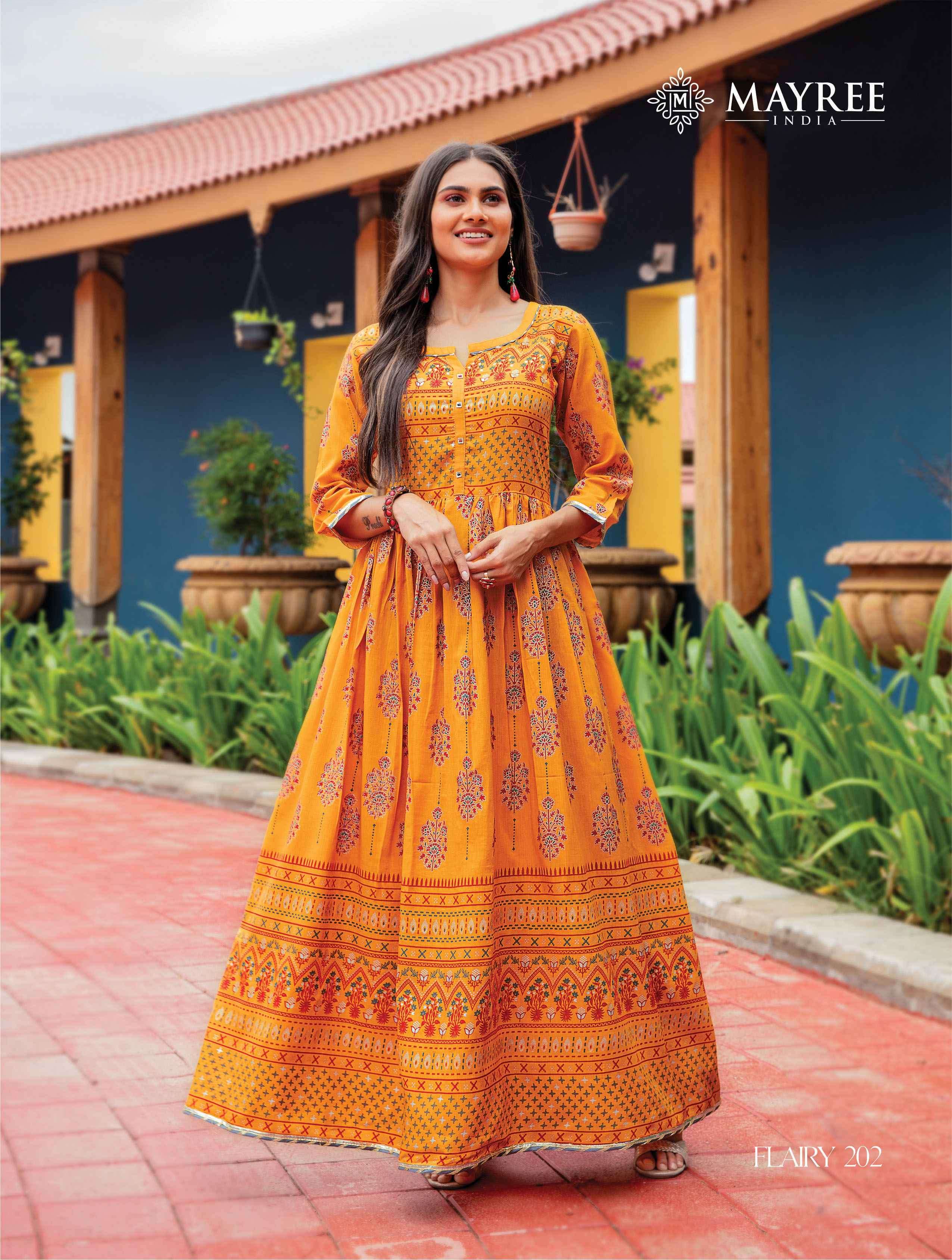 FLAIRY VOL-2 BY MAYREE 201 TO 206 SERIES BEAUTIFUL STYLISH FANCY COLORFUL CASUAL WEAR & ETHNIC WEAR HEAVY SILK PRINT GOWNS AT WHOLESALE PRICE