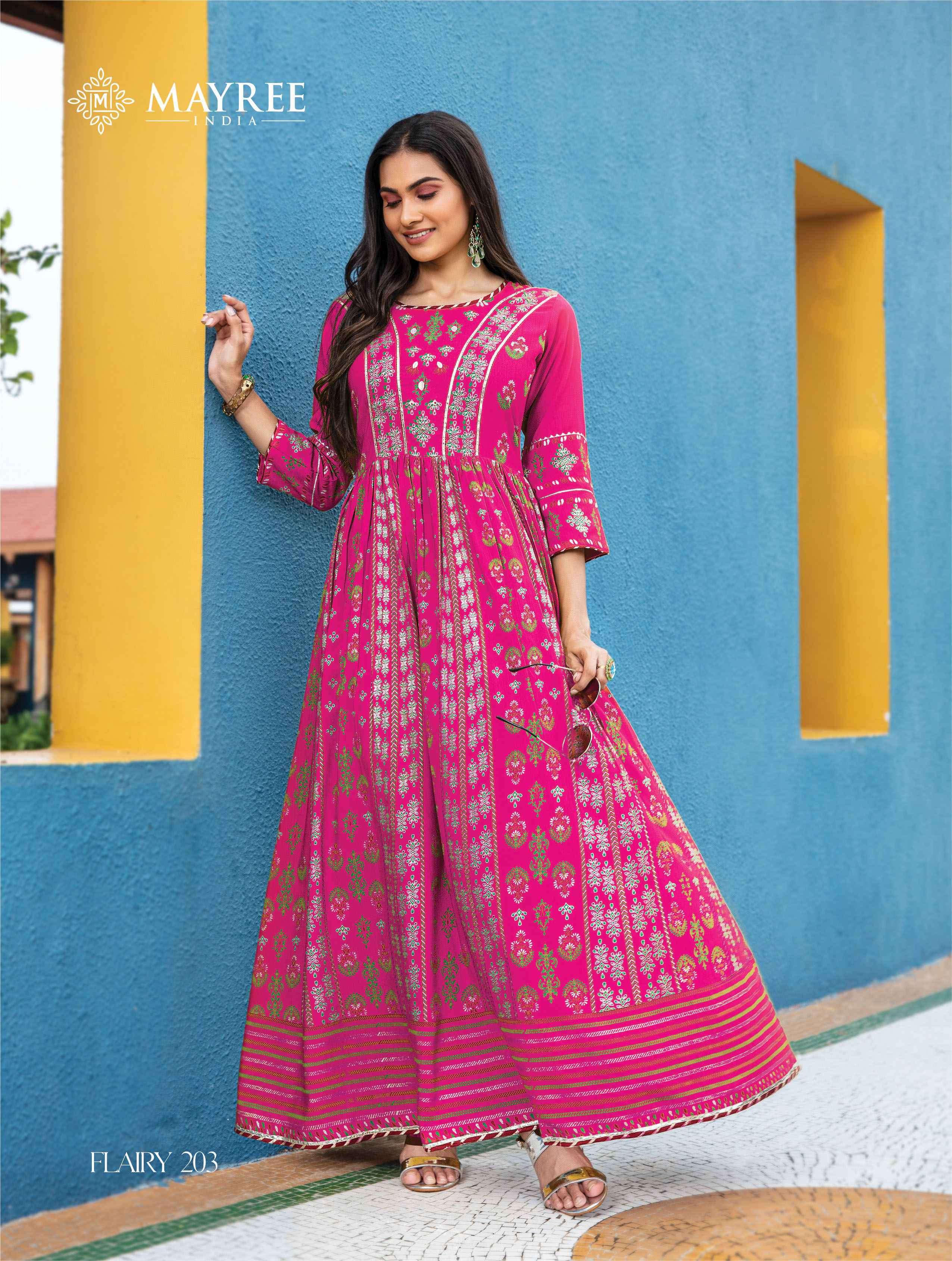 FLAIRY VOL-2 BY MAYREE 201 TO 206 SERIES BEAUTIFUL STYLISH FANCY COLORFUL CASUAL WEAR & ETHNIC WEAR HEAVY SILK PRINT GOWNS AT WHOLESALE PRICE