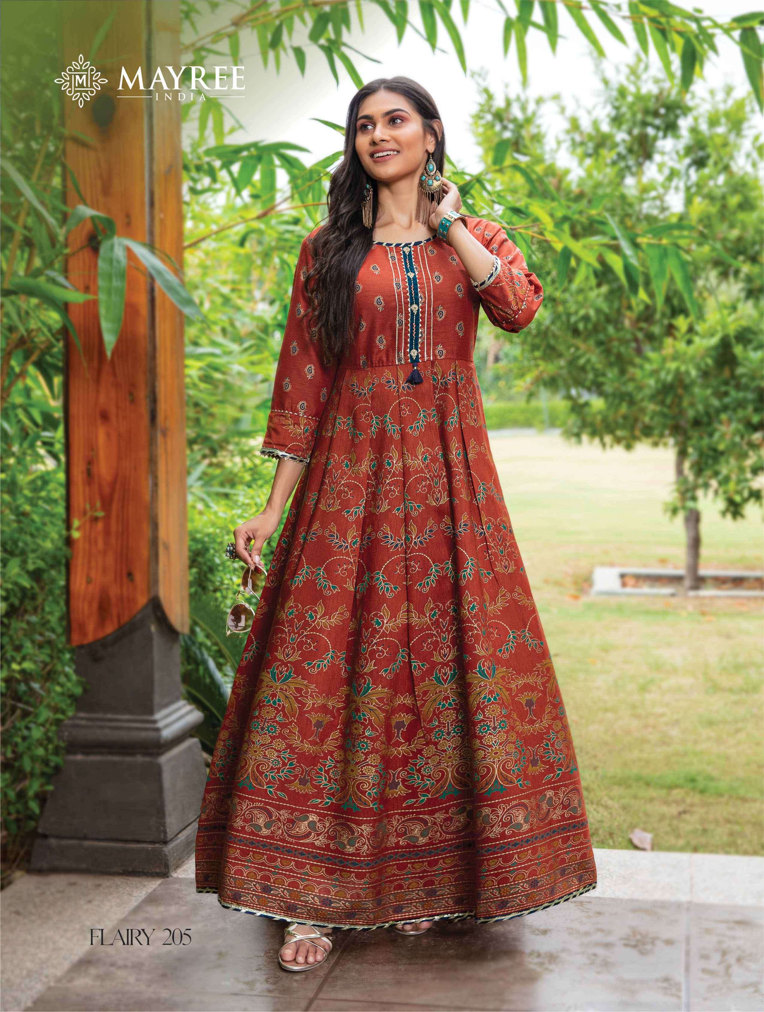 FLAIRY VOL-2 BY MAYREE 201 TO 206 SERIES BEAUTIFUL STYLISH FANCY COLORFUL CASUAL WEAR & ETHNIC WEAR HEAVY SILK PRINT GOWNS AT WHOLESALE PRICE