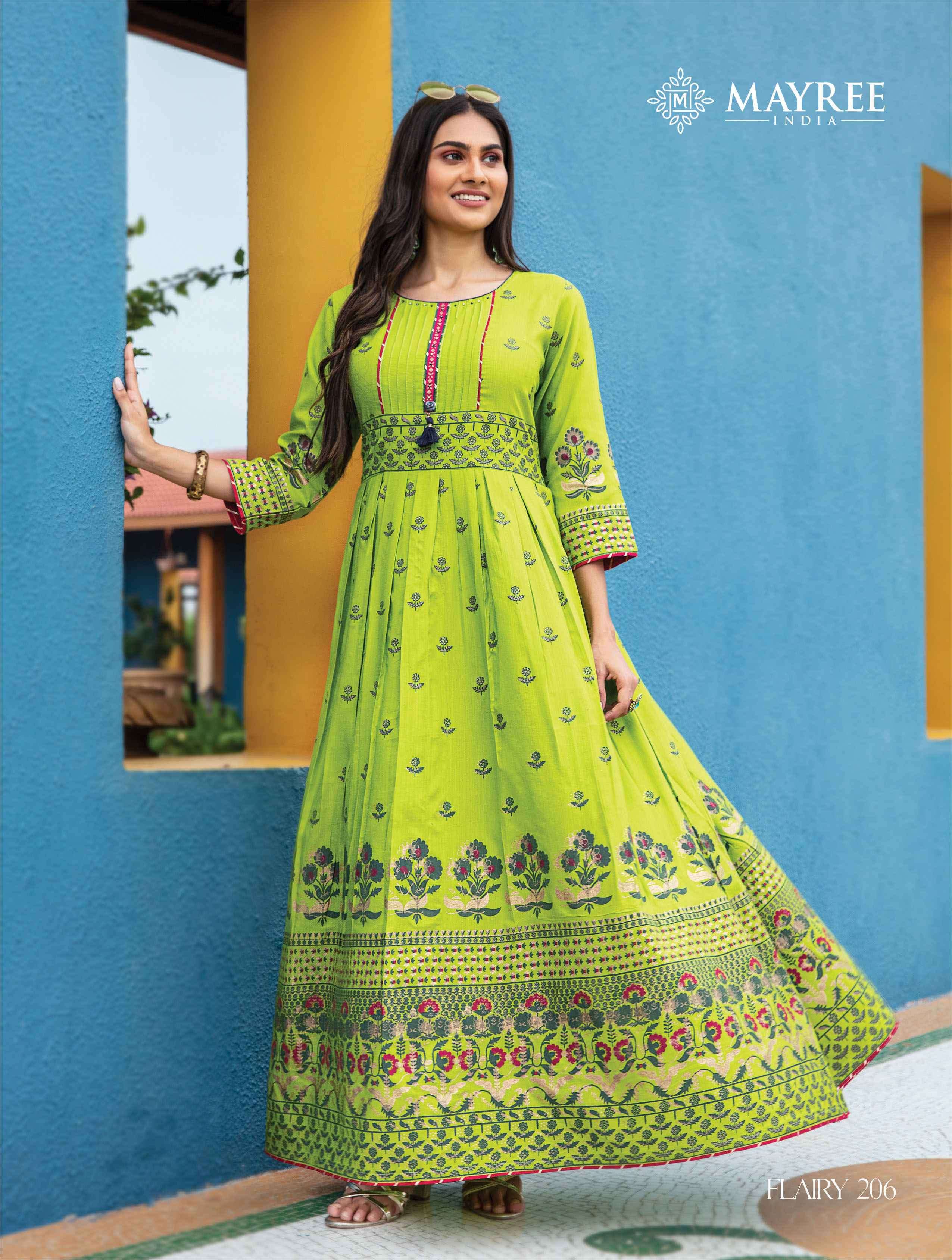 FLAIRY VOL-2 BY MAYREE 201 TO 206 SERIES BEAUTIFUL STYLISH FANCY COLORFUL CASUAL WEAR & ETHNIC WEAR HEAVY SILK PRINT GOWNS AT WHOLESALE PRICE