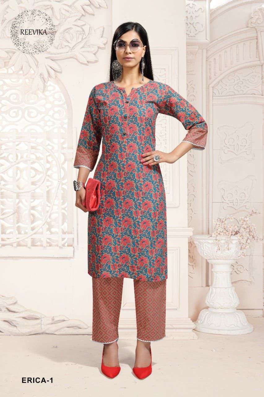 ERICA BY REEVIKA 1 TO 6 SERIES DESIGNER STYLISH FANCY COLORFUL BEAUTIFUL PARTY WEAR & ETHNIC WEAR COLLECTION COTTON PRINT KURTIS WITH BOTTOM AT WHOLESALE PRICE