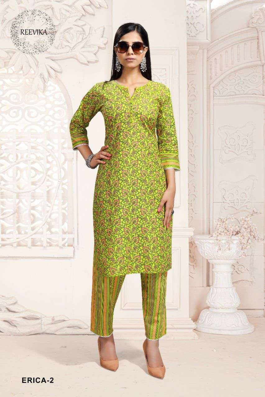 ERICA BY REEVIKA 1 TO 6 SERIES DESIGNER STYLISH FANCY COLORFUL BEAUTIFUL PARTY WEAR & ETHNIC WEAR COLLECTION COTTON PRINT KURTIS WITH BOTTOM AT WHOLESALE PRICE