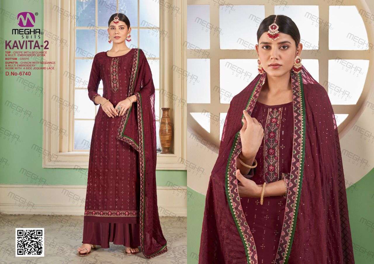 KAVITA VOL-2 BY MEGHALI SUITS 6735 TO 6740 SERIES BEAUTIFUL SHARARA SUITS COLORFUL STYLISH FANCY CASUAL WEAR & ETHNIC WEAR CREPE EMBROIDERED DRESSES AT WHOLESALE PRICE