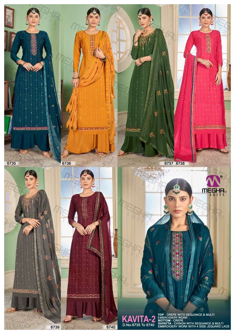 KAVITA VOL-2 BY MEGHALI SUITS 6735 TO 6740 SERIES BEAUTIFUL SHARARA SUITS COLORFUL STYLISH FANCY CASUAL WEAR & ETHNIC WEAR CREPE EMBROIDERED DRESSES AT WHOLESALE PRICE