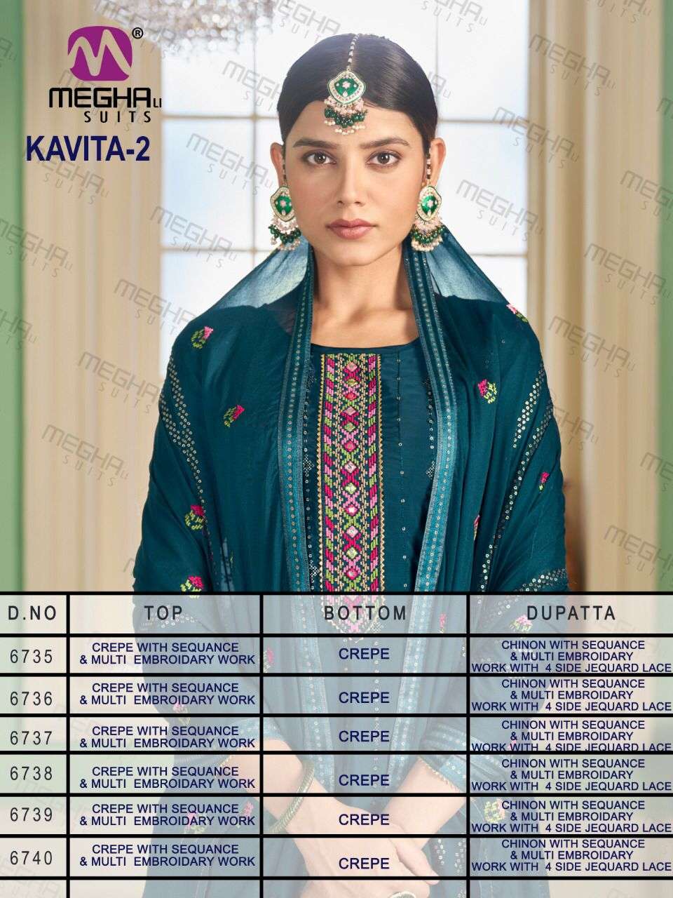 KAVITA VOL-2 BY MEGHALI SUITS 6735 TO 6740 SERIES BEAUTIFUL SHARARA SUITS COLORFUL STYLISH FANCY CASUAL WEAR & ETHNIC WEAR CREPE EMBROIDERED DRESSES AT WHOLESALE PRICE