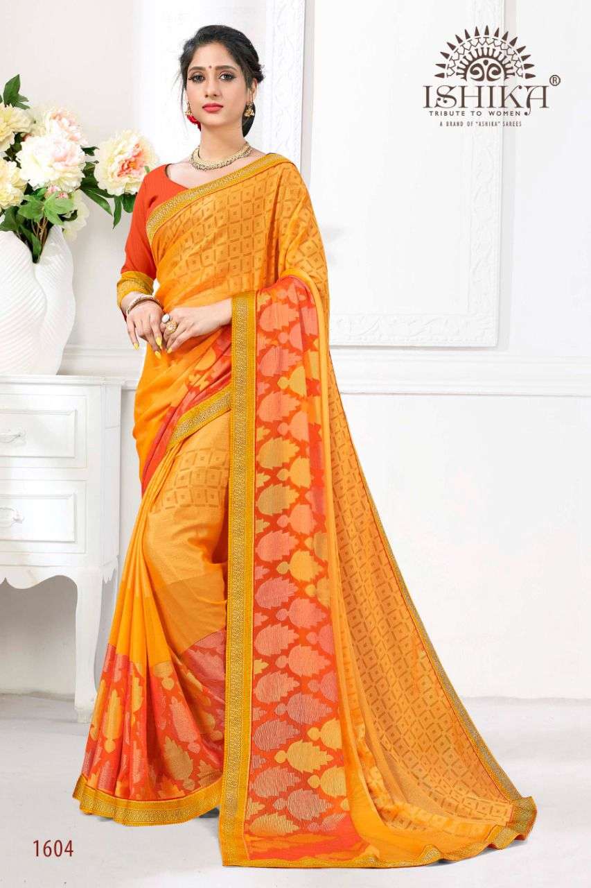 MADHAVI BRASSO BY ISHIKA FASHION 1601 TO 1606 SERIES INDIAN TRADITIONAL WEAR COLLECTION BEAUTIFUL STYLISH FANCY COLORFUL PARTY WEAR & OCCASIONAL WEAR BRASSO SAREES AT WHOLESALE PRICE