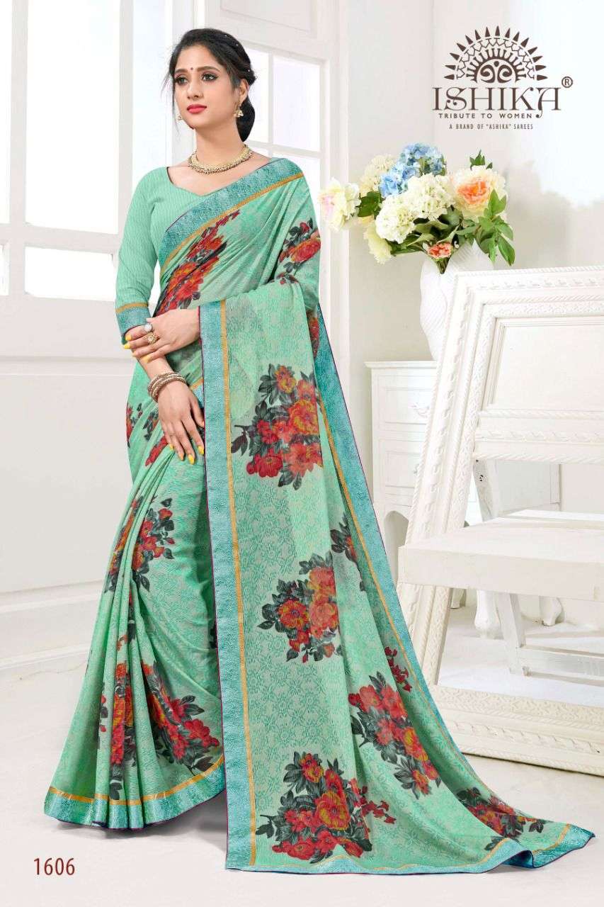 MADHAVI BRASSO BY ISHIKA FASHION 1601 TO 1606 SERIES INDIAN TRADITIONAL WEAR COLLECTION BEAUTIFUL STYLISH FANCY COLORFUL PARTY WEAR & OCCASIONAL WEAR BRASSO SAREES AT WHOLESALE PRICE
