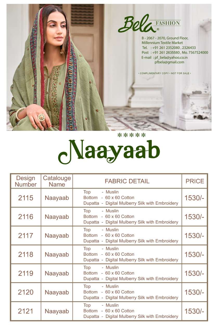 NAAYAAB BY BELA FASHION 2115 TO 2121 SERIES BEAUTIFUL STYLISH SUITS FANCY COLORFUL CASUAL WEAR & ETHNIC WEAR & READY TO WEAR MUSLIN DRESSES AT WHOLESALE PRICE