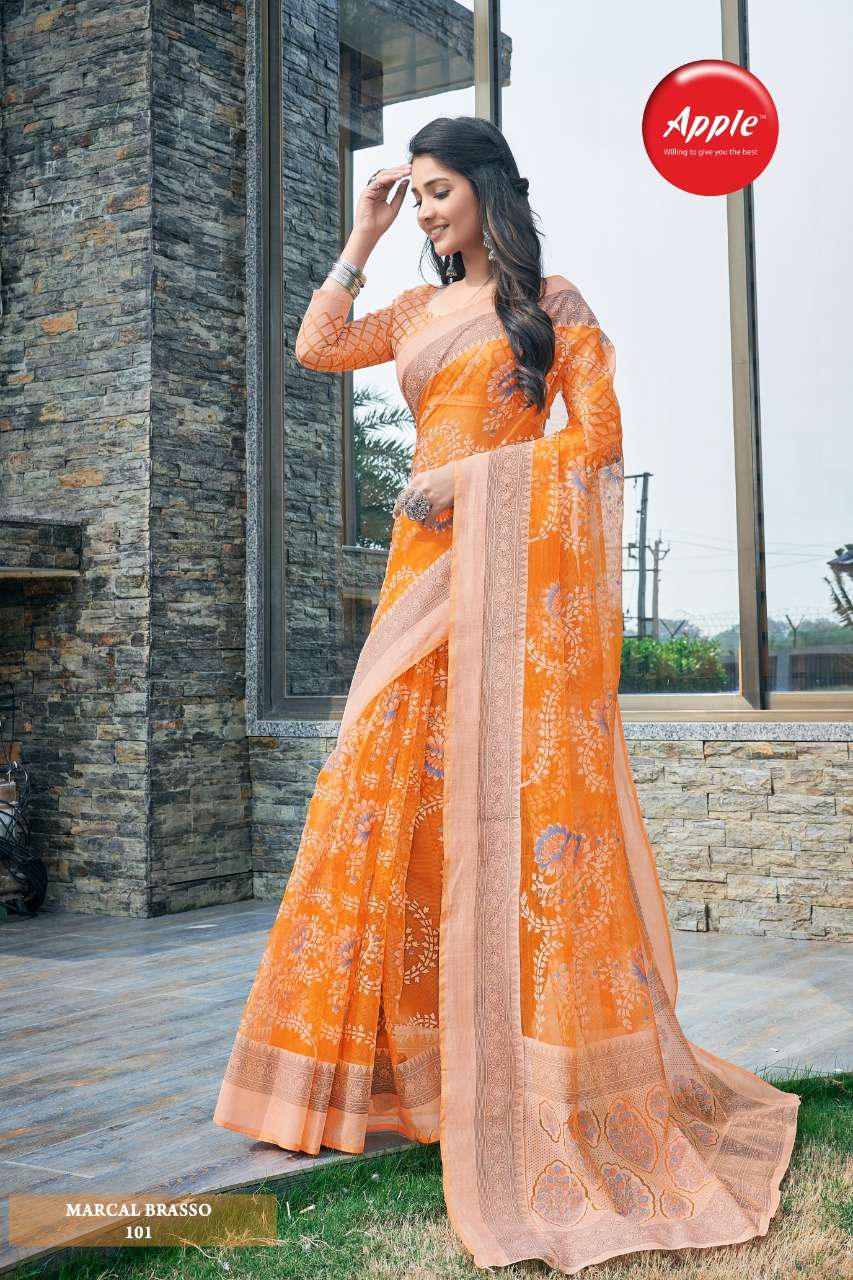 MARCAL BRASSO BY APPLE 101 TO 108 SERIES INDIAN TRADITIONAL WEAR COLLECTION BEAUTIFUL STYLISH FANCY COLORFUL PARTY WEAR & OCCASIONAL WEAR BRASSO SAREES AT WHOLESALE PRICE