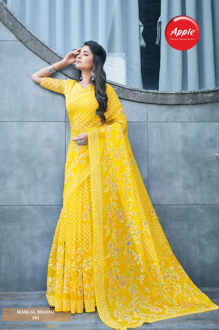MARCAL BRASSO BY APPLE 101 TO 108 SERIES INDIAN TRADITIONAL WEAR COLLECTION BEAUTIFUL STYLISH FANCY COLORFUL PARTY WEAR & OCCASIONAL WEAR BRASSO SAREES AT WHOLESALE PRICE
