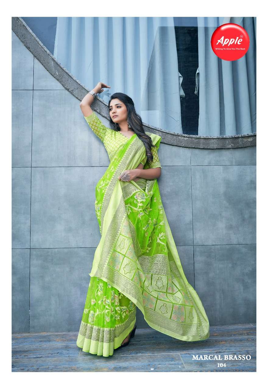 MARCAL BRASSO BY APPLE 101 TO 108 SERIES INDIAN TRADITIONAL WEAR COLLECTION BEAUTIFUL STYLISH FANCY COLORFUL PARTY WEAR & OCCASIONAL WEAR BRASSO SAREES AT WHOLESALE PRICE