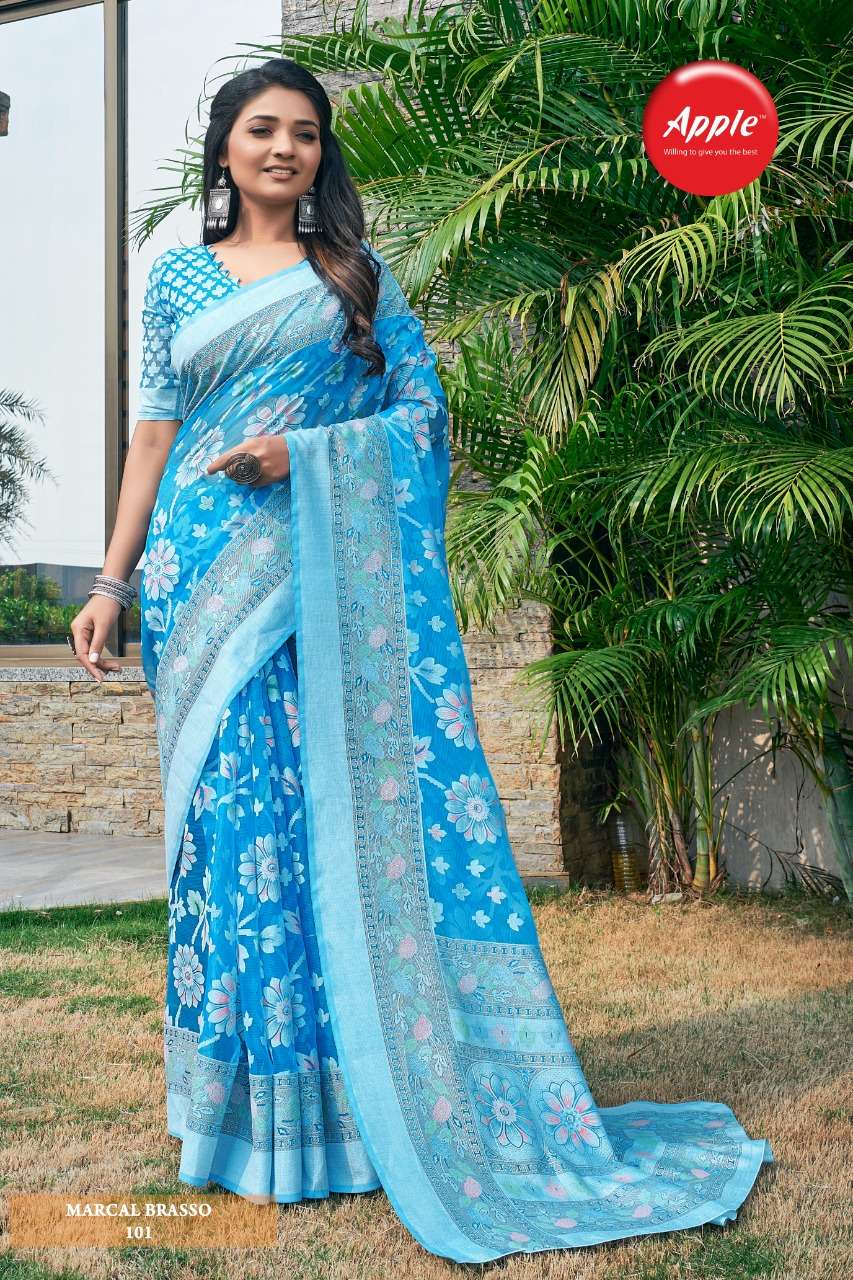 MARCAL BRASSO BY APPLE 101 TO 108 SERIES INDIAN TRADITIONAL WEAR COLLECTION BEAUTIFUL STYLISH FANCY COLORFUL PARTY WEAR & OCCASIONAL WEAR BRASSO SAREES AT WHOLESALE PRICE